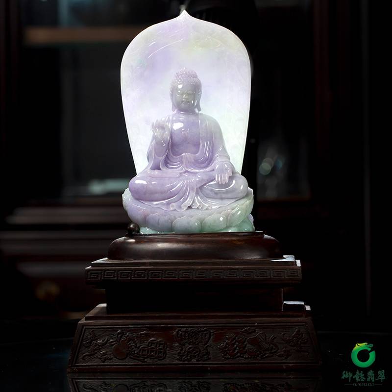 缅甸翡翠A货春带彩摆件 大日如来