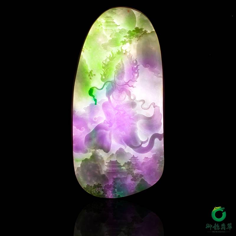 缅甸翡翠A货春带彩插牌摆件 文殊普贤菩萨 图片12