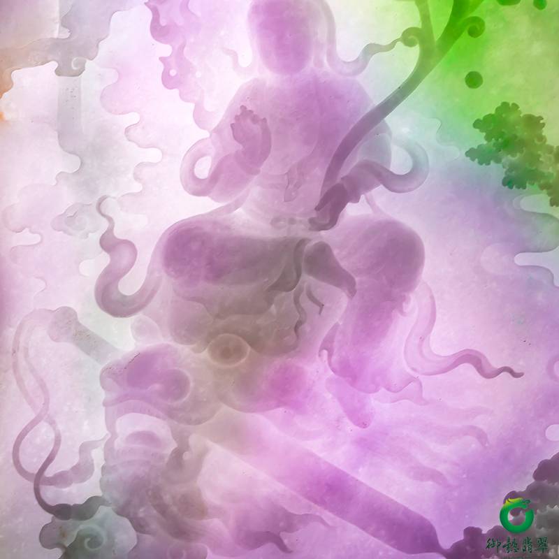 缅甸翡翠A货春带彩插牌摆件 文殊普贤菩萨 图片11