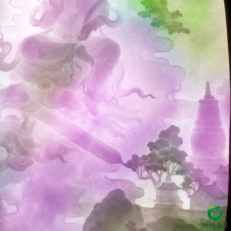 缅甸翡翠A货春带彩插牌摆件 文殊普贤菩萨 图片6