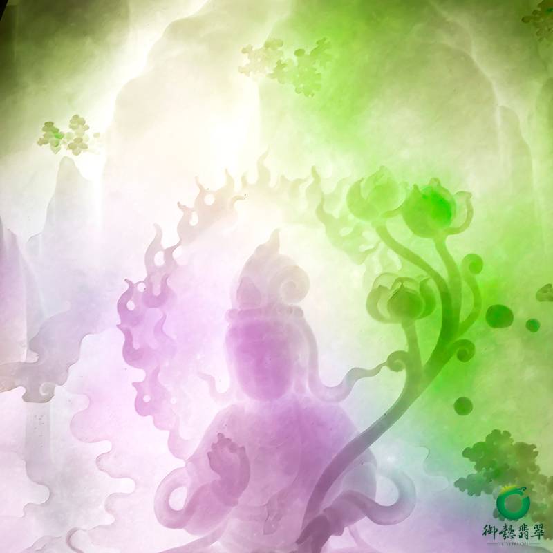 缅甸翡翠A货春带彩插牌摆件 文殊普贤菩萨 图片4