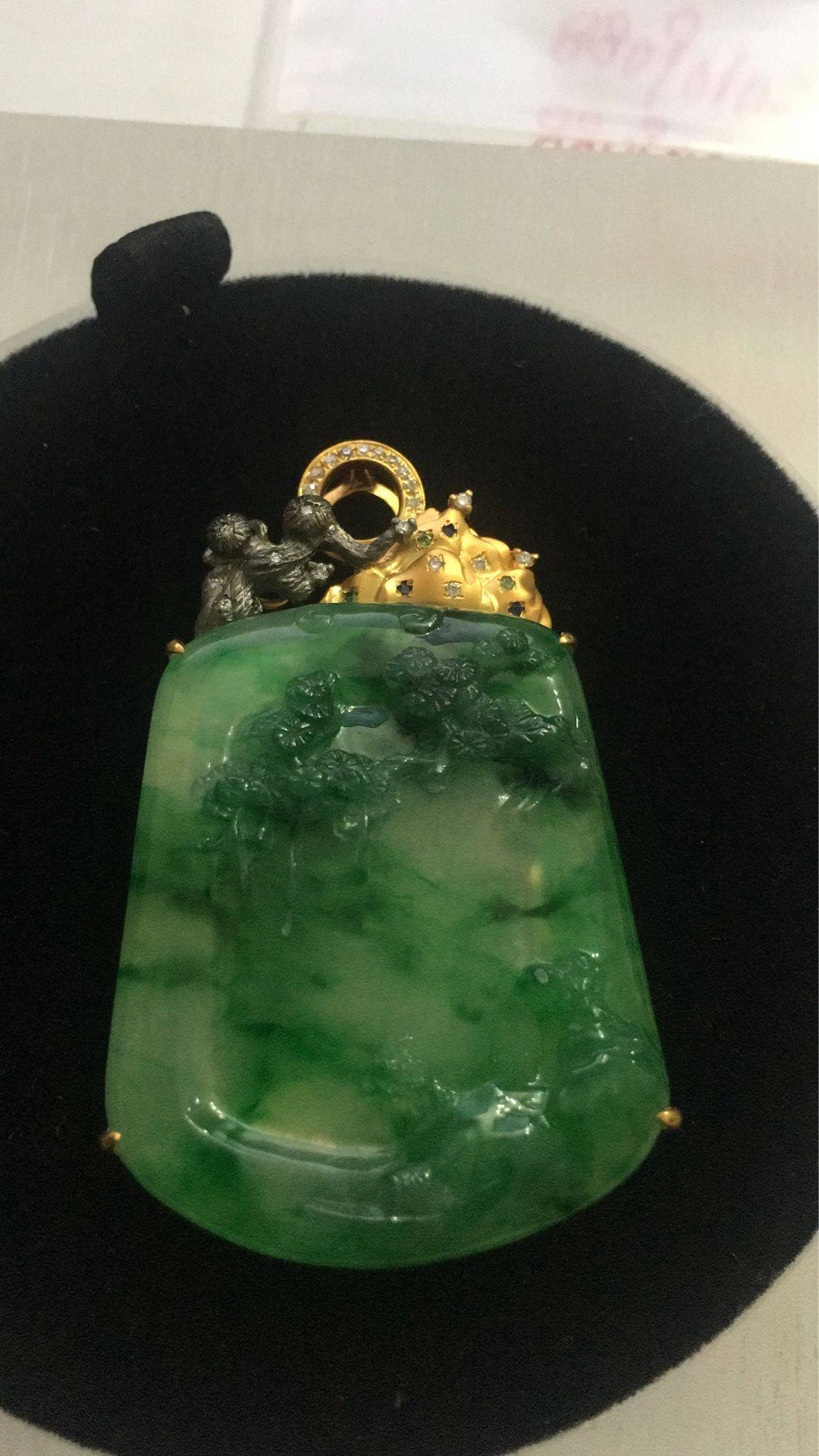 缅甸天然A货18金镶钻翡翠 冰种飘阳绿 高山流水 18.9