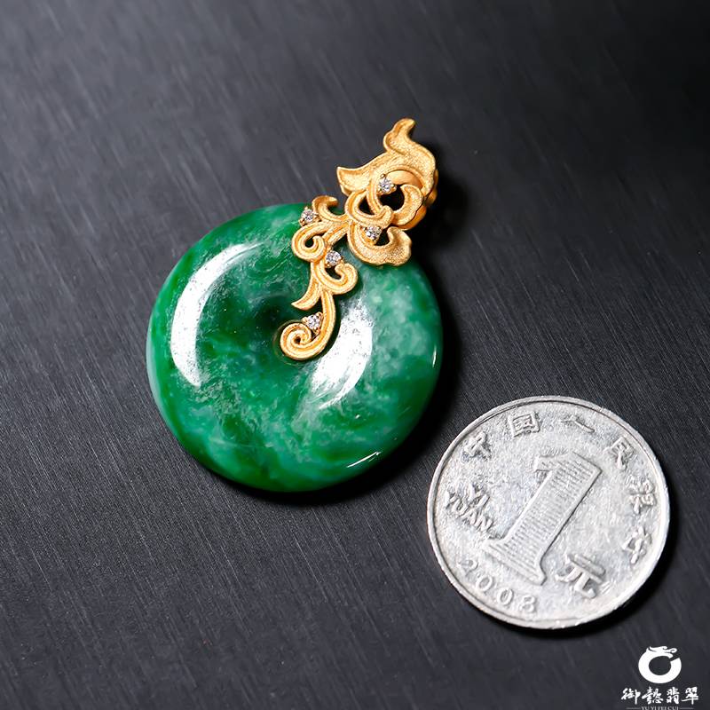 缅甸翡翠A货18K金镶钻石冰种满绿挂件 平安扣 14.9克 图片2