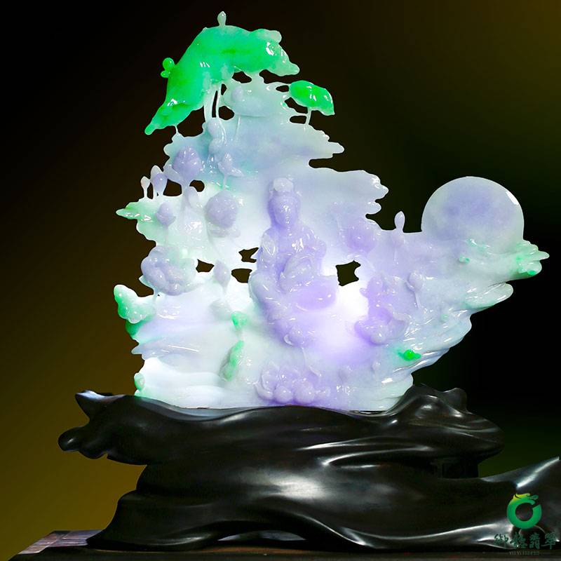 缅甸天然A货翡翠春带彩摆件 童子拜观音 650克