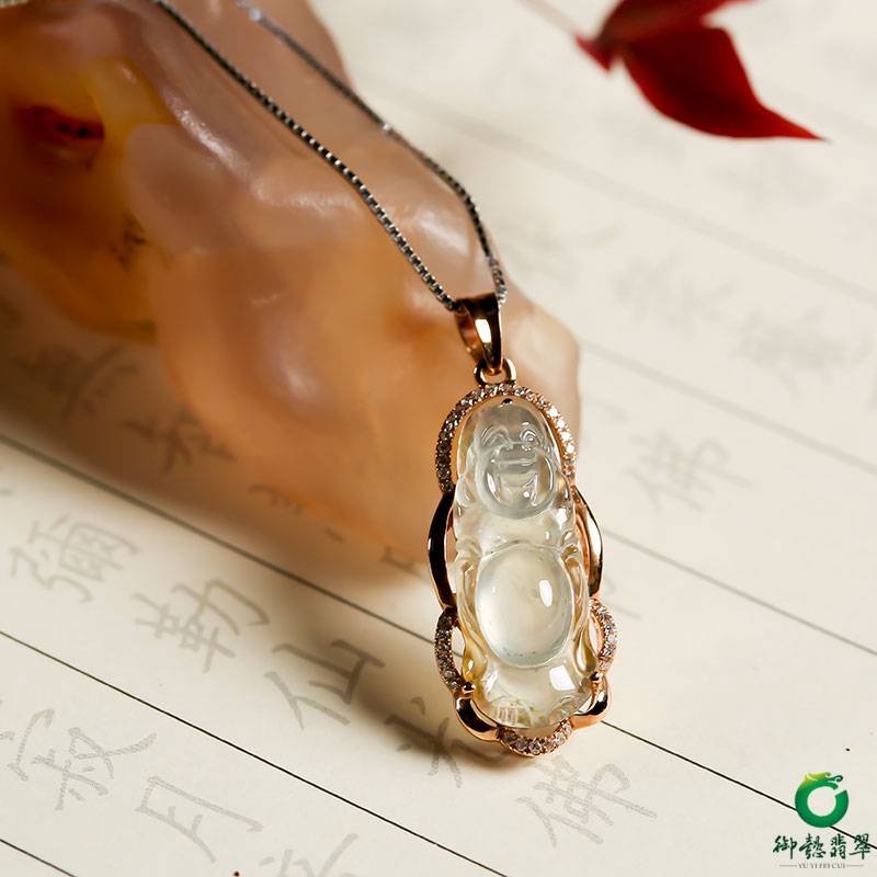 缅甸18K金镶嵌冰种翡翠 挂件 弥勒4.5g 图片3