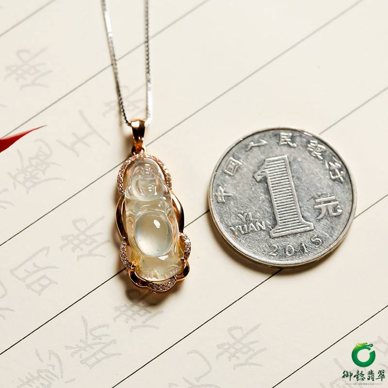 缅甸18K金镶嵌冰种翡翠 挂件 弥勒4.5g 图片2