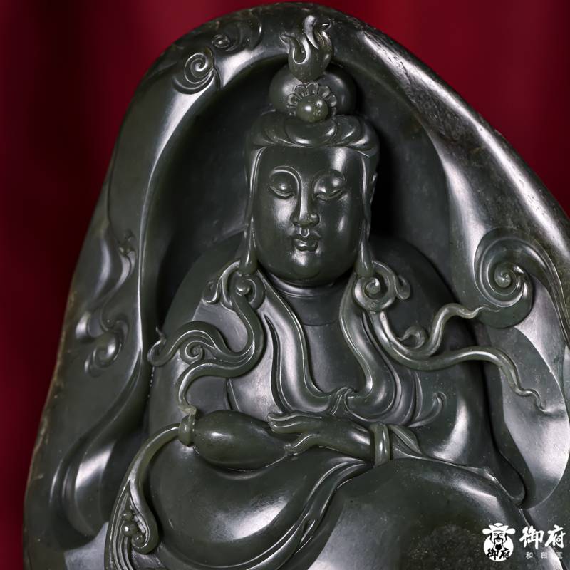 新疆和田玉原毛孔皮青玉籽玉摆件 净瓶观音 1207克 图片5
